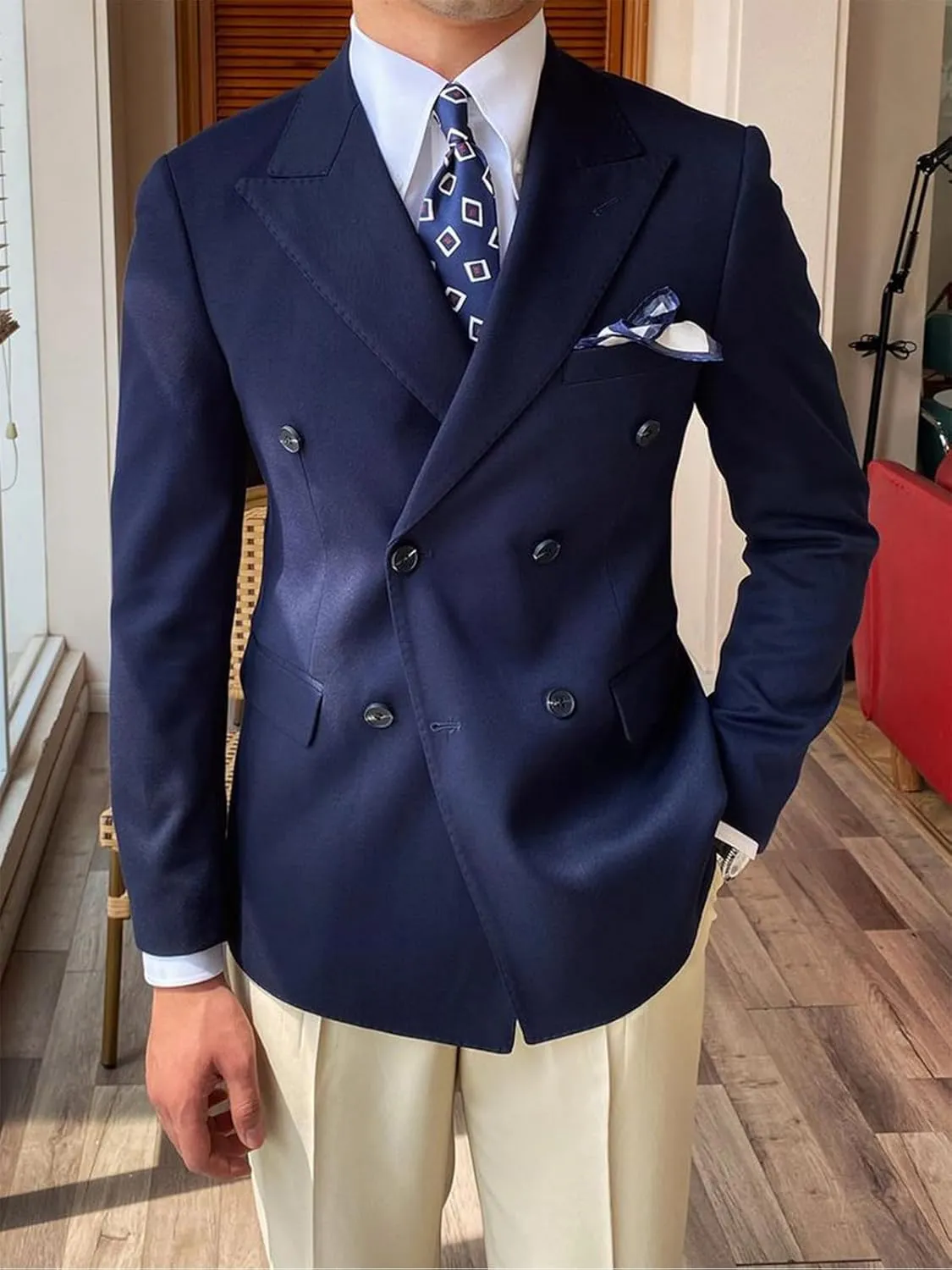 Wangyue Double Breasted Blazer Mens Casual Jacket Slim Fit Suits for Men Double Breasted Jacket Wedding Suit Set