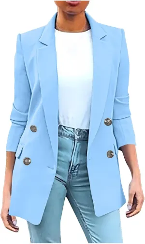 Wkishenl Blazers for Women Casual Long Sleeve Lapel Blazer Jackets Solid Button Open Front Jacket Plus Size Business Coats