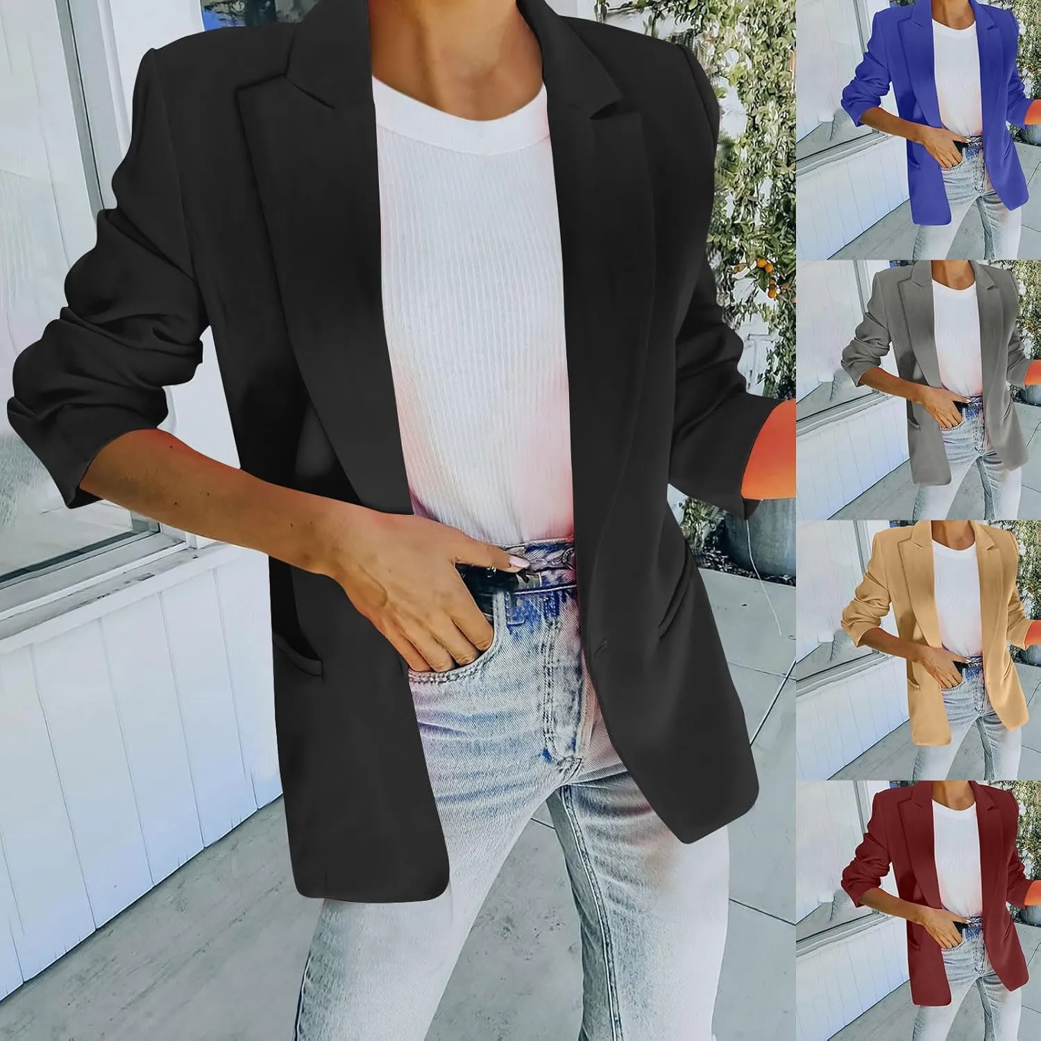 Wkishenl Women Blazer Casual Open Front Business Blazers Solid Loose Fitted Long Sleeve Work Jackets Formal Spring Suits 2025
