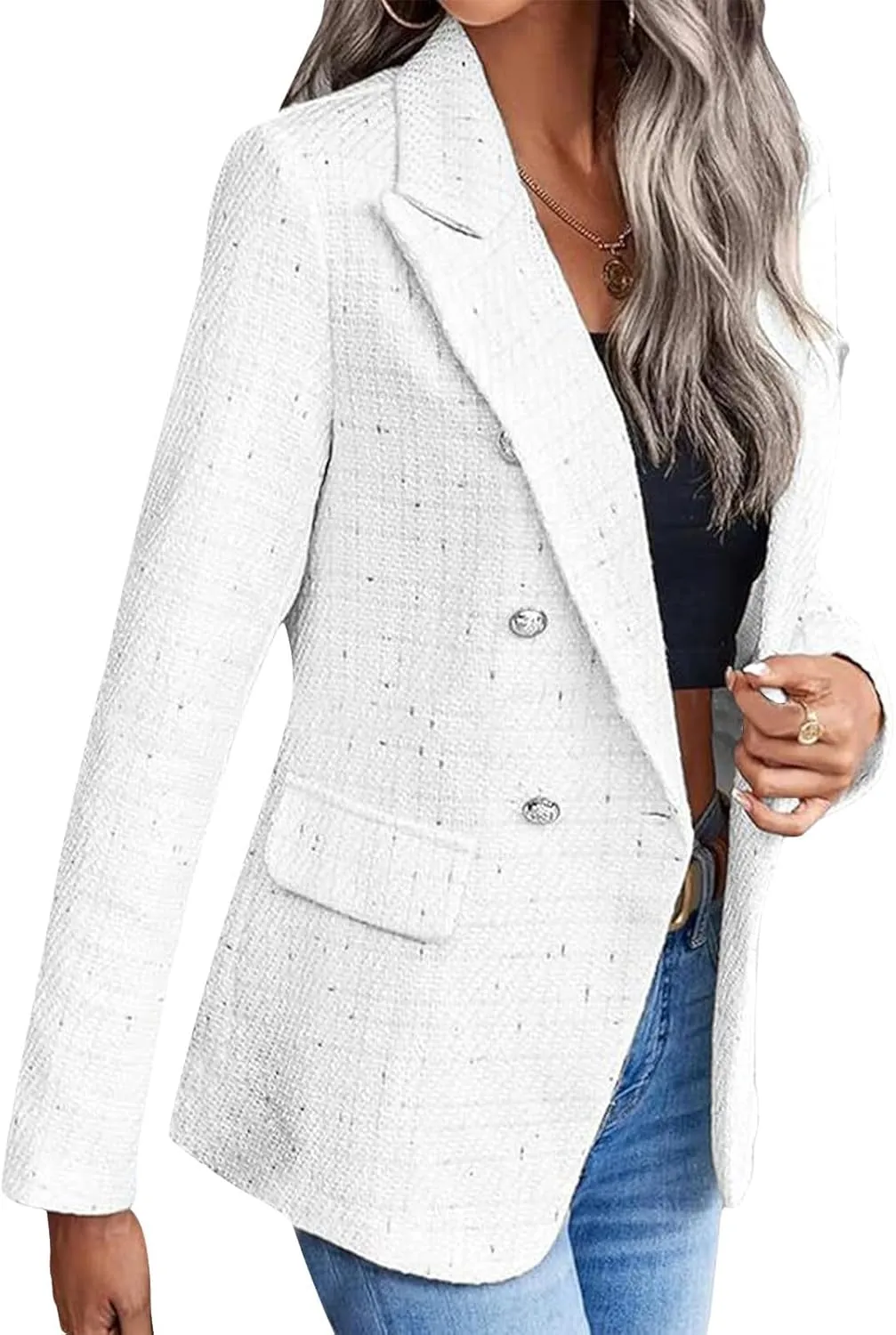 Wkishenl Womens Plaid Tweed Blazers Dressy Casual Long Sleeve Button Up Jackets Fashion Business Blazer Work Suits 2025