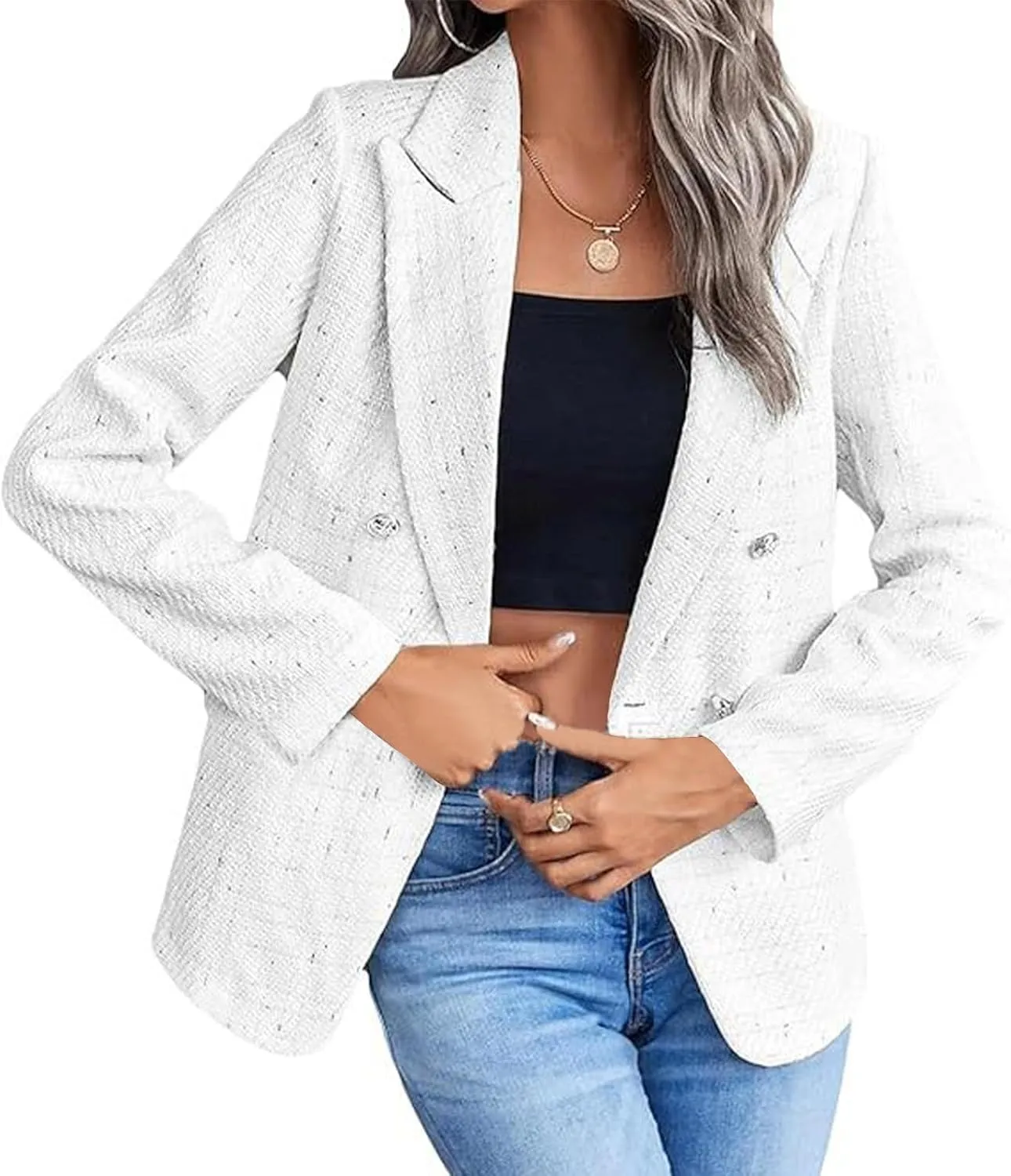 Wkishenl Womens Plaid Tweed Blazers Dressy Casual Long Sleeve Button Up Jackets Fashion Business Blazer Work Suits 2025