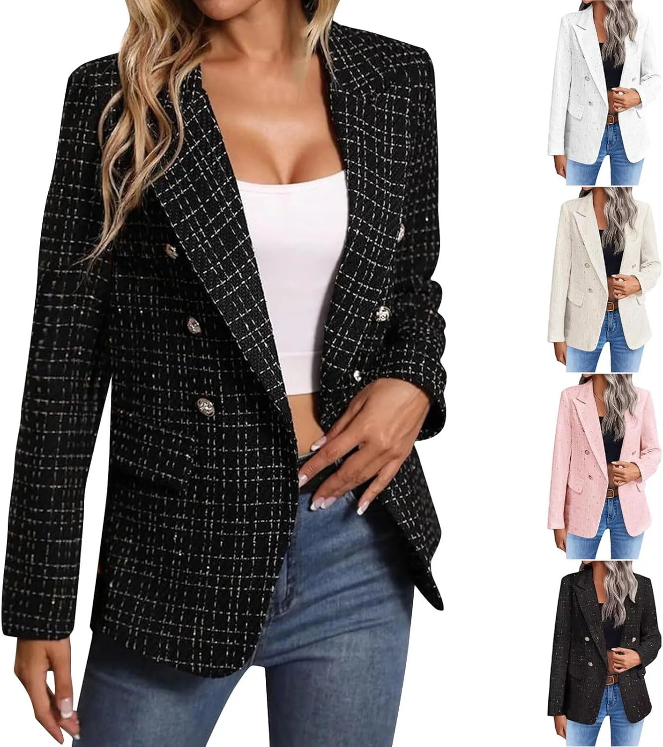 Wkishenl Womens Plaid Tweed Blazers Dressy Casual Long Sleeve Button Up Jackets Fashion Business Blazer Work Suits 2025