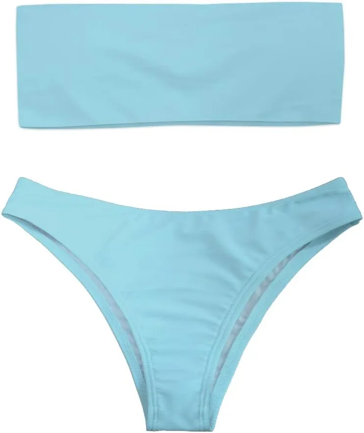 Women 2 Pieces Bandeau Bikini Swimsuit Off Shoulder High Waist Bathing Suit