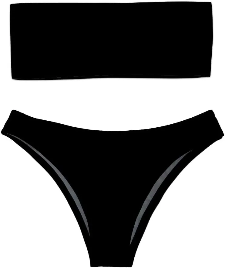 Women 2 Pieces Bandeau Bikini Swimsuit Off Shoulder High Waist Bathing Suit