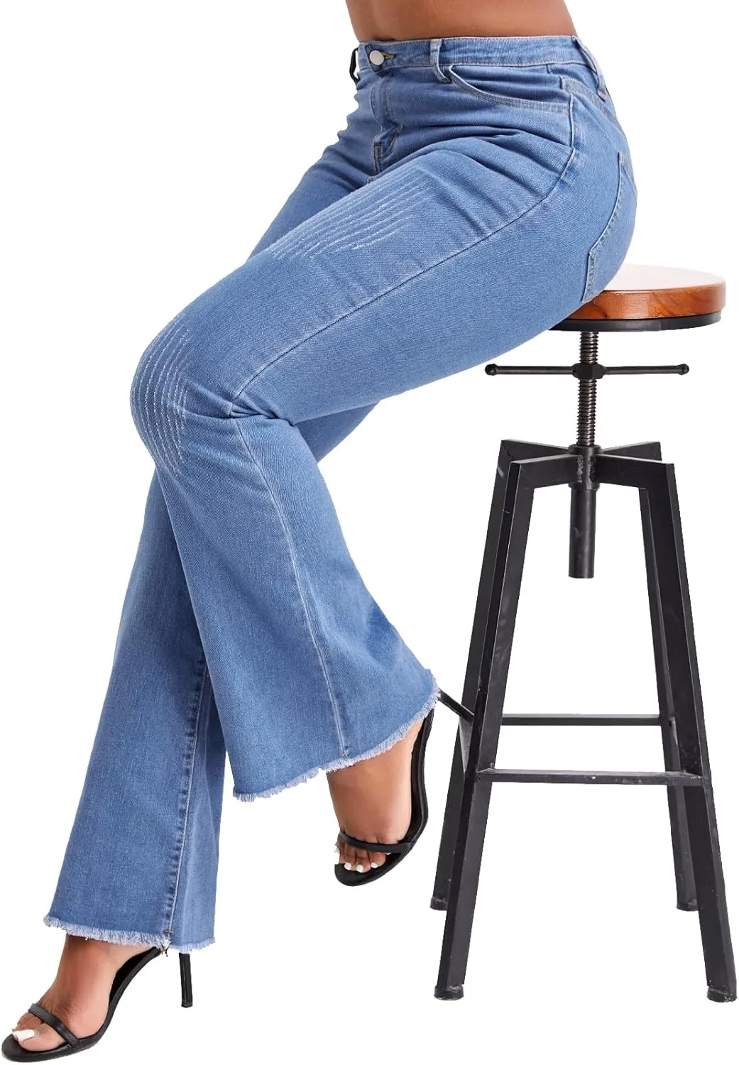 Women Casual Classic Bell Bottom Jeans Distressed Ripped High Waist Denim Flared Pants
