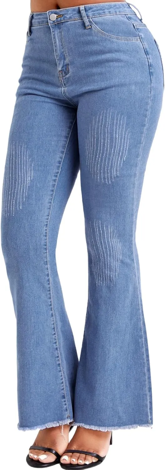 Women Casual Classic Bell Bottom Jeans Distressed Ripped High Waist Denim Flared Pants