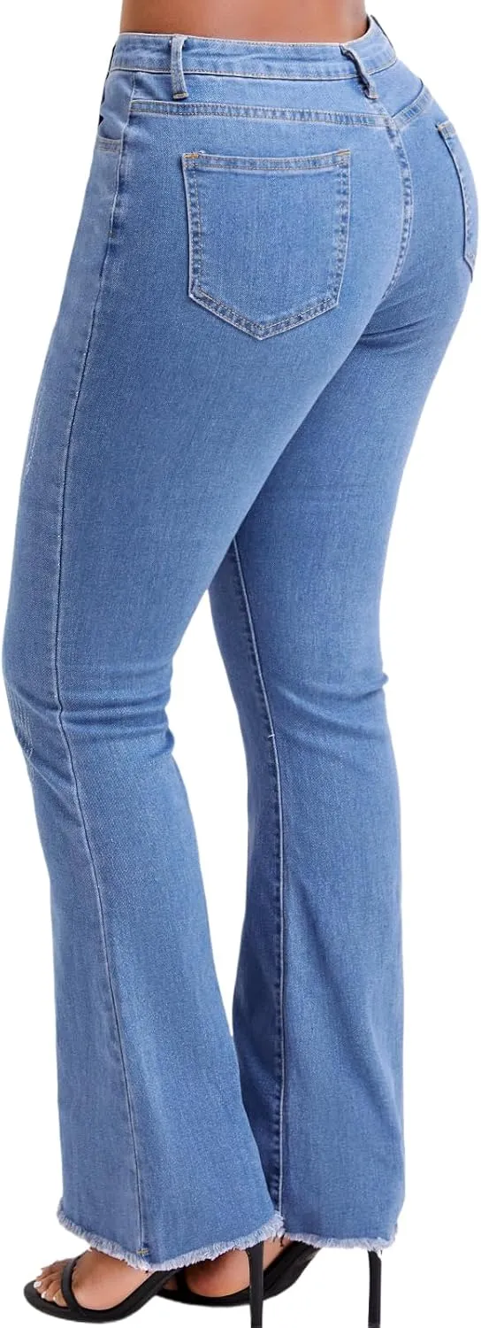 Women Casual Classic Bell Bottom Jeans Distressed Ripped High Waist Denim Flared Pants