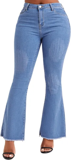 Women Casual Classic Bell Bottom Jeans Distressed Ripped High Waist Denim Flared Pants