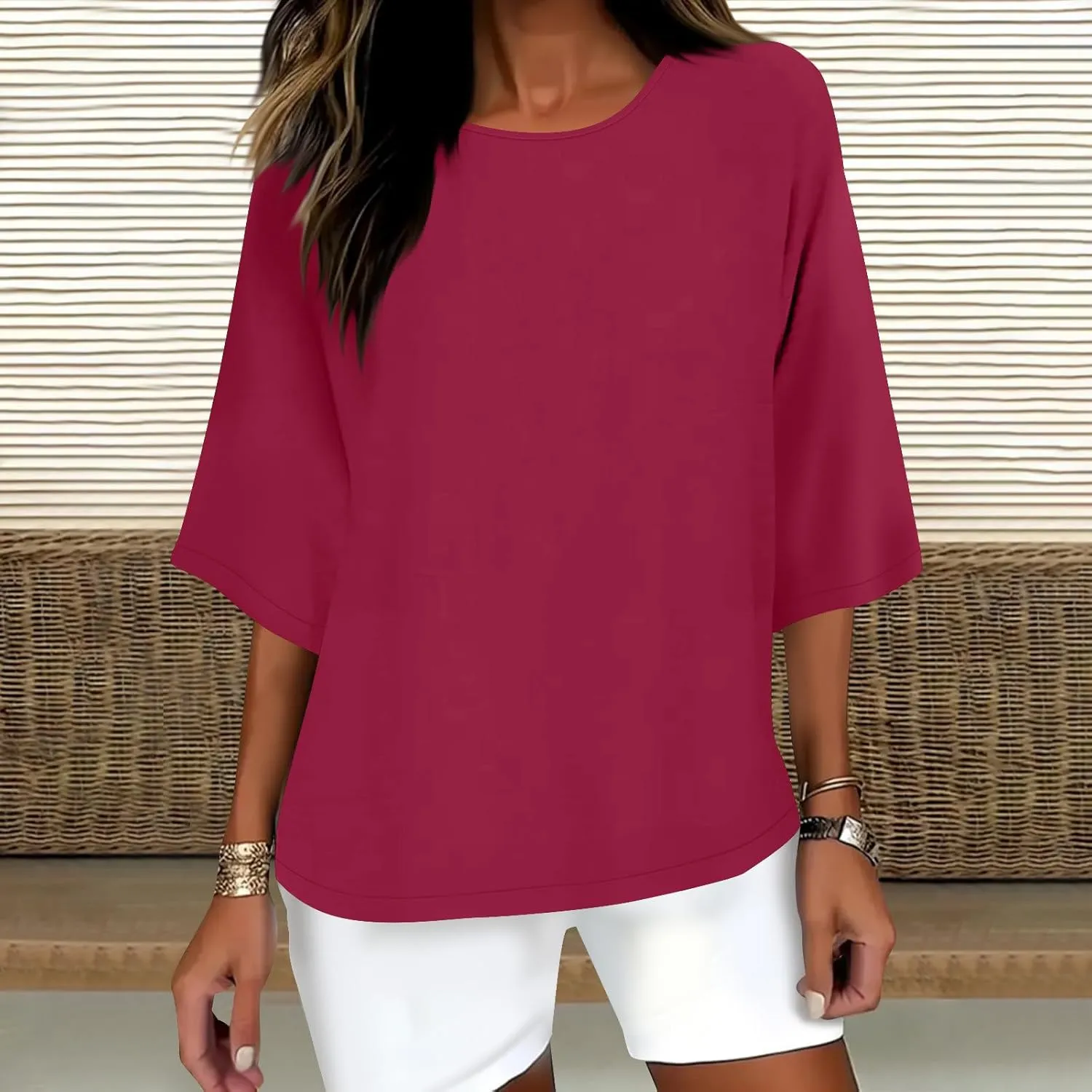 Women Cotton Linen Shirts 3/4 Sleeve Crew Neck Tshirt Casual Plus Size Solid Color Tops Summer Holiday Clothes