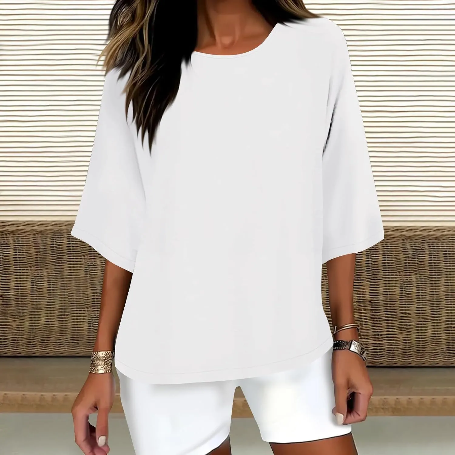 Women Cotton Linen Shirts 3/4 Sleeve Crew Neck Tshirt Casual Plus Size Solid Color Tops Summer Holiday Clothes