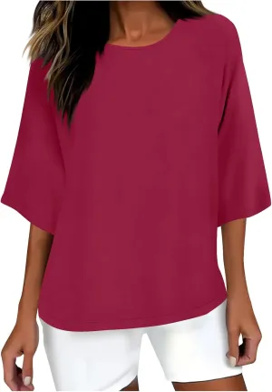 Women Cotton Linen Shirts 3/4 Sleeve Crew Neck Tshirt Casual Plus Size Solid Color Tops Summer Holiday Clothes