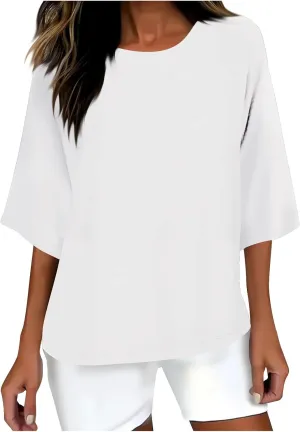 Women Cotton Linen Shirts 3/4 Sleeve Crew Neck Tshirt Casual Plus Size Solid Color Tops Summer Holiday Clothes