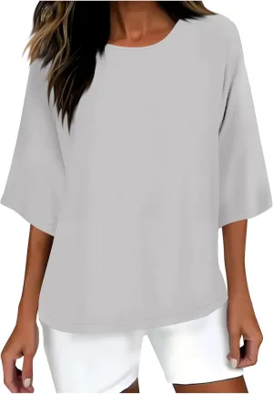 Women Cotton Linen Shirts 3/4 Sleeve Crew Neck Tshirt Casual Plus Size Solid Color Tops Summer Holiday Clothes