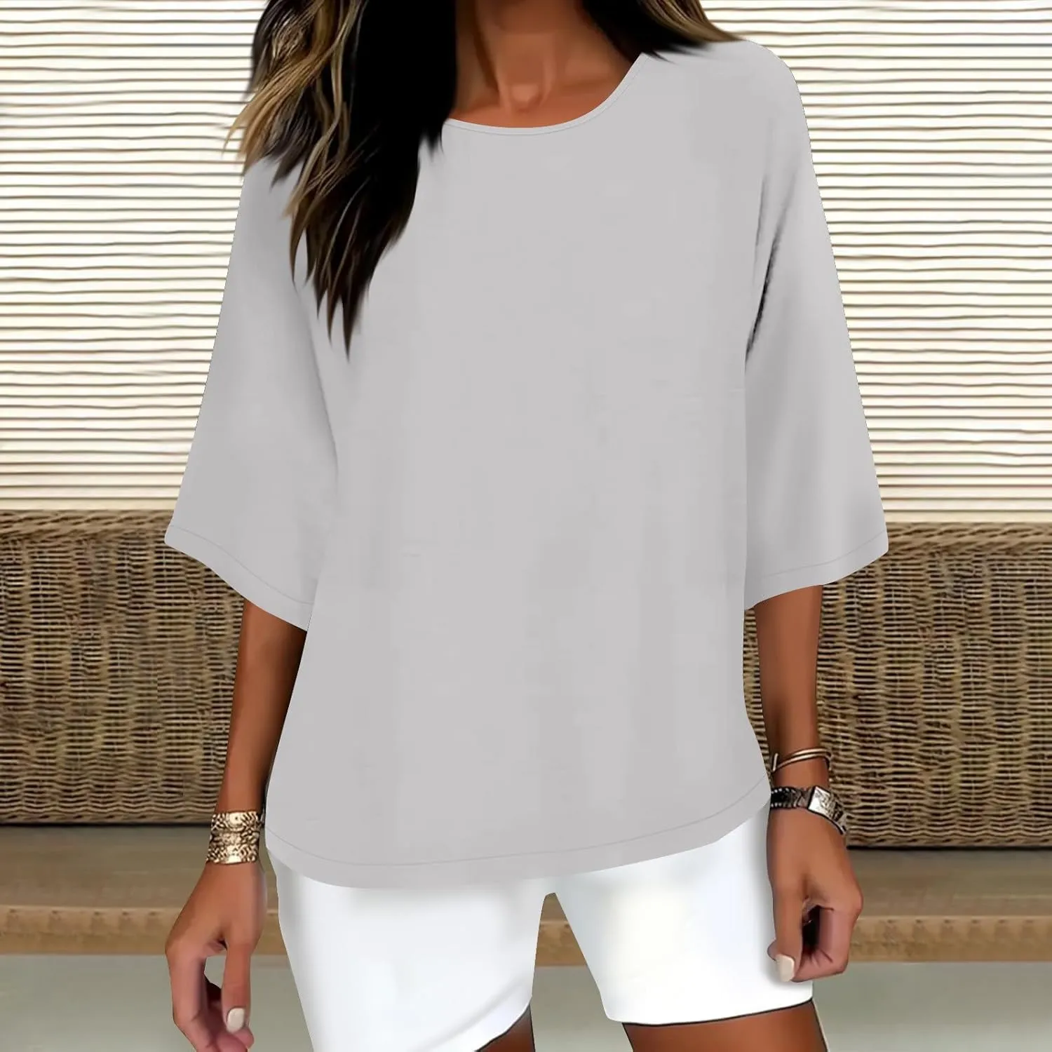 Women Cotton Linen Shirts 3/4 Sleeve Crew Neck Tshirt Casual Plus Size Solid Color Tops Summer Holiday Clothes