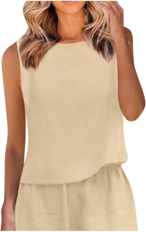 Women Cotton Linen Tank Tops Crew Neck Solid Sleeveless Shirt Loose Vest 2025 Casual Beach Tees Spring Summer Clothes