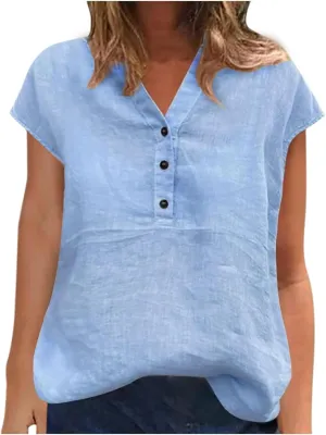 Women Linen Button Down Tops Summer Blouses Short Sleeve Shirts Loose Fit Lightweight Tunic Tees