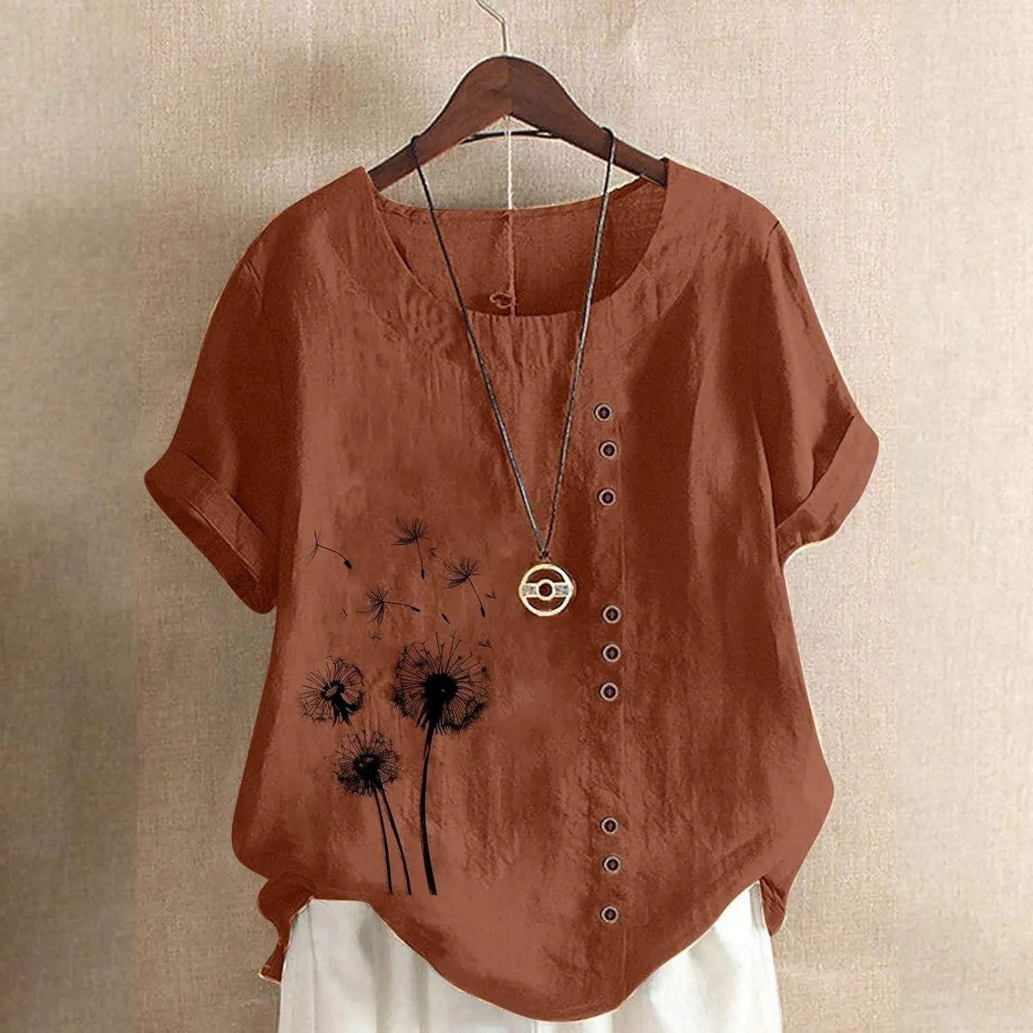 Women Linen Shirts Causal Loose Fit Boho Tunic Tee Short Sleeve Oversize Curved Blouse Summer Trendy Clothes 2025