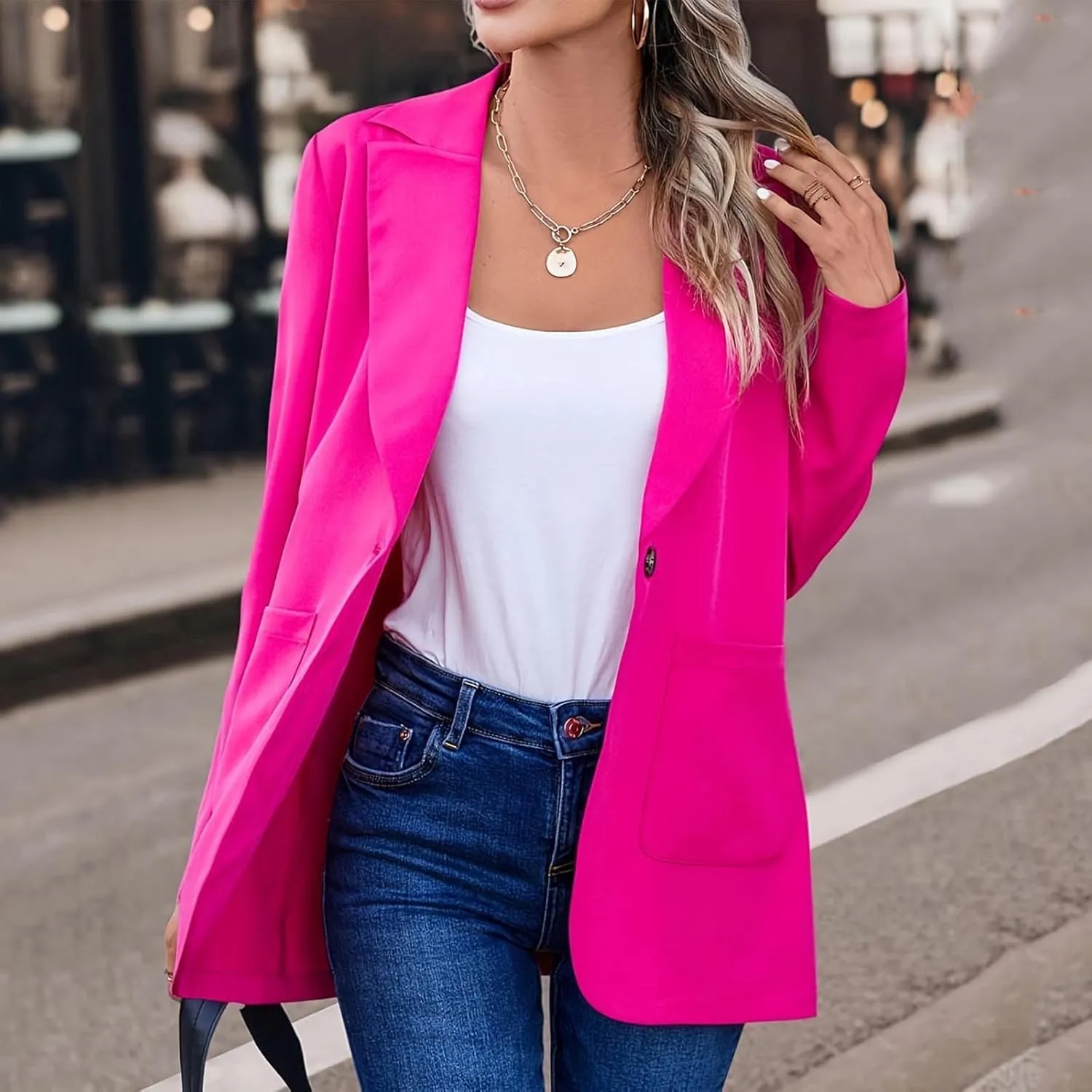 Women Long Sleeve Blazers Lapel Neck Button Down Dressy Work Business Jackets with Pockets Casual Solid Color 2025