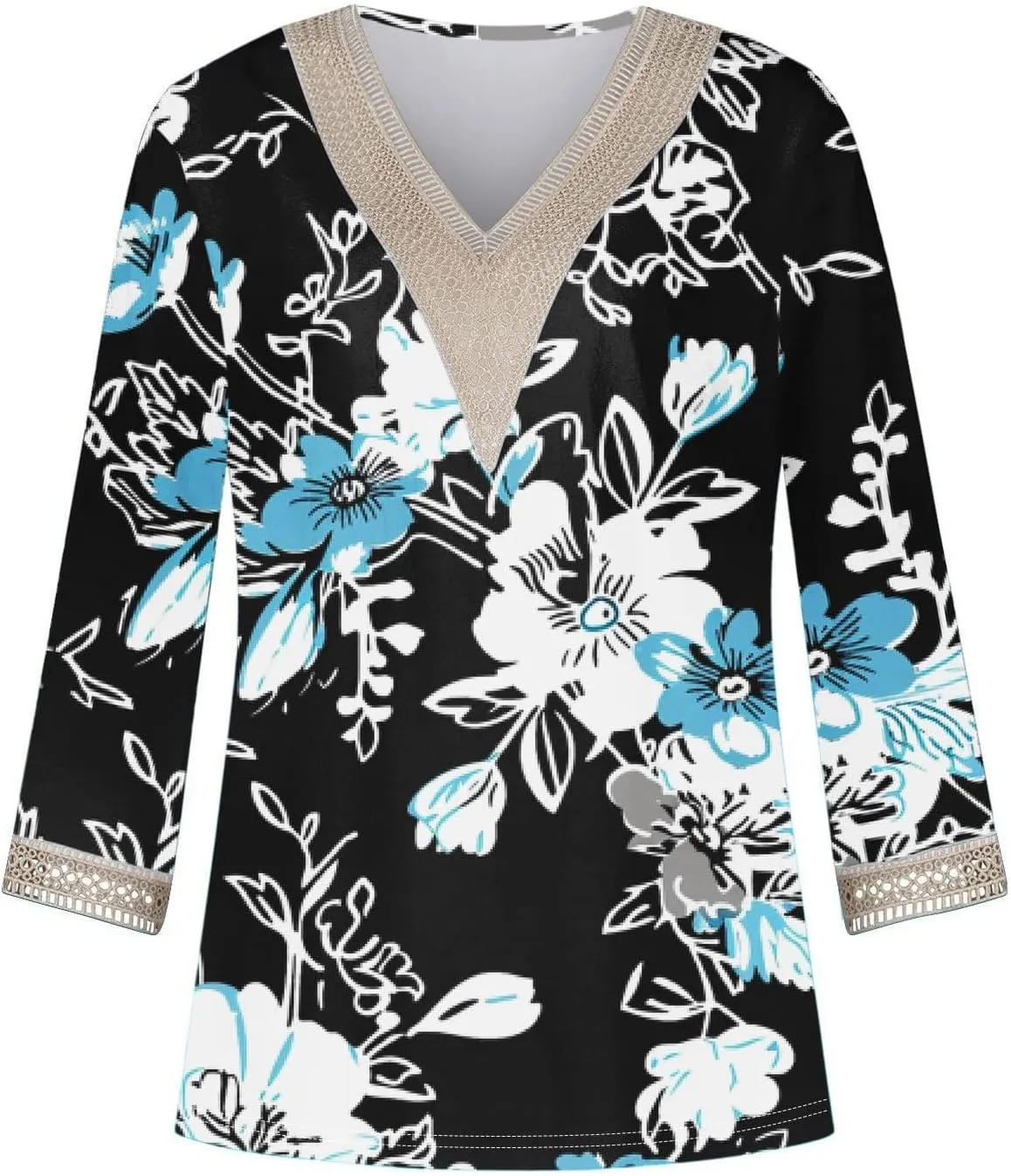 Women Plus Size Summer Lace Splicing V-Neck Shirts 3/4 Sleeve Print Casual Tops T-Shirt Loose Cofmy Blouse