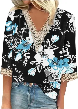 Women Plus Size Summer Lace Splicing V-Neck Shirts 3/4 Sleeve Print Casual Tops T-Shirt Loose Cofmy Blouse
