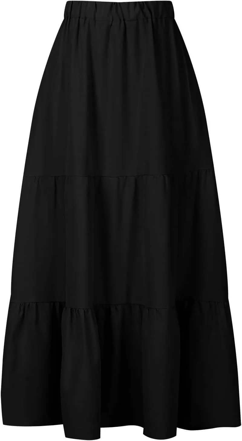 Women Ruffle Skirt Pleated Long Skirt High Elastic Waist Loose Fit Skirt Trendy Summer Cute Beach Vacation Skirt
