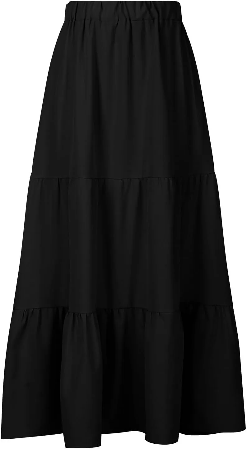 Women Ruffle Skirt Pleated Long Skirt High Elastic Waist Loose Fit Skirt Trendy Summer Cute Beach Vacation Skirt