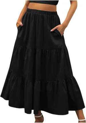 Women Ruffle Skirt Pleated Long Skirt High Elastic Waist Loose Fit Skirt Trendy Summer Cute Beach Vacation Skirt
