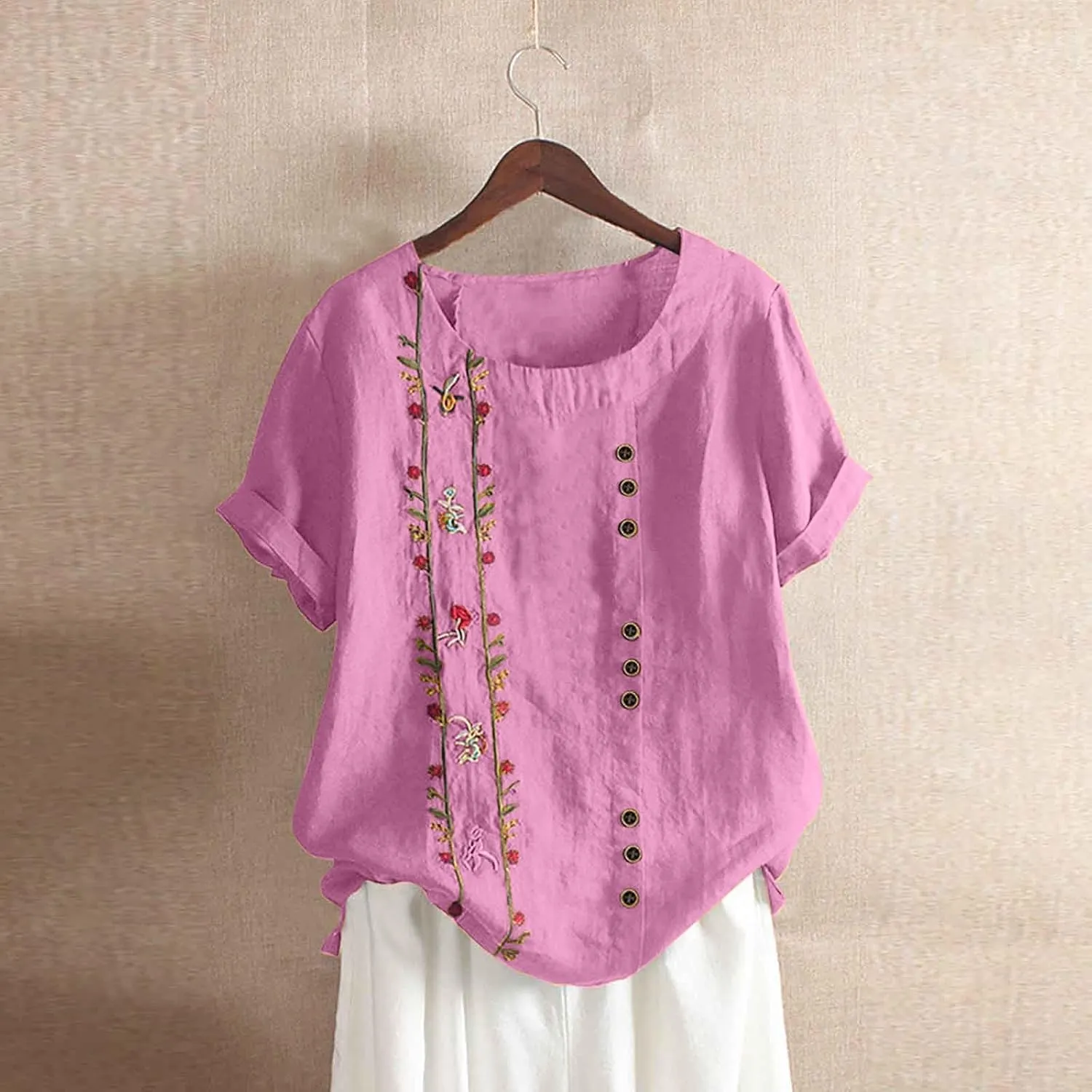 Women Short Sleeve Linen Shirts Floral Print Cotton Blouses Dressy Causal Tunic Tops Trendy Summer Causal Outfits