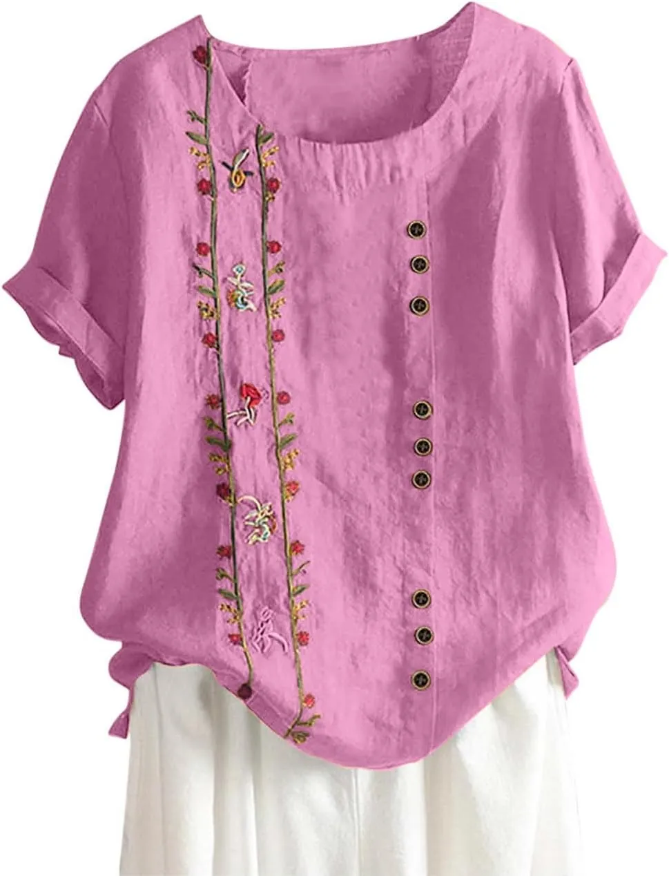 Women Short Sleeve Linen Shirts Floral Print Cotton Blouses Dressy Causal Tunic Tops Trendy Summer Causal Outfits