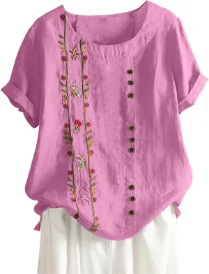 Women Short Sleeve Linen Shirts Floral Print Cotton Blouses Dressy Causal Tunic Tops Trendy Summer Causal Outfits