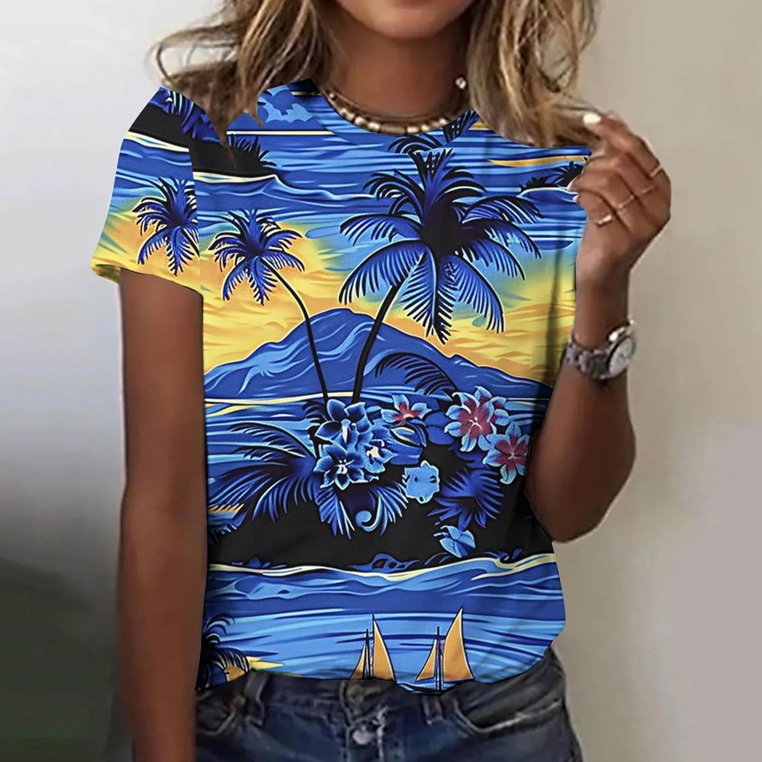 Women Summer Casual Hawaiian Printed T Shirt Short Sleeve Crewneck Vacation Basic Tops Loose Comfy Blouse