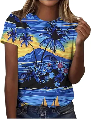 Women Summer Casual Hawaiian Printed T Shirt Short Sleeve Crewneck Vacation Basic Tops Loose Comfy Blouse