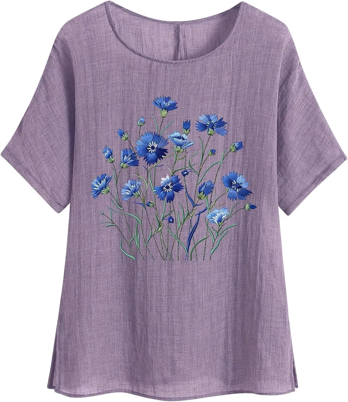 Women Summer Cotton Linen Short Sleeve Shirts Trendy Oversized Floral Print Tops Workout Going Out Casual Loose Tees