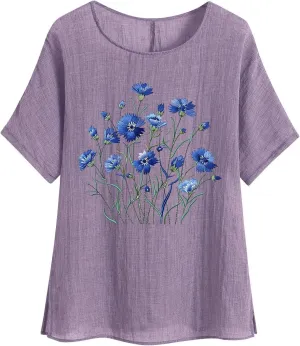 Women Summer Cotton Linen Short Sleeve Shirts Trendy Oversized Floral Print Tops Workout Going Out Casual Loose Tees