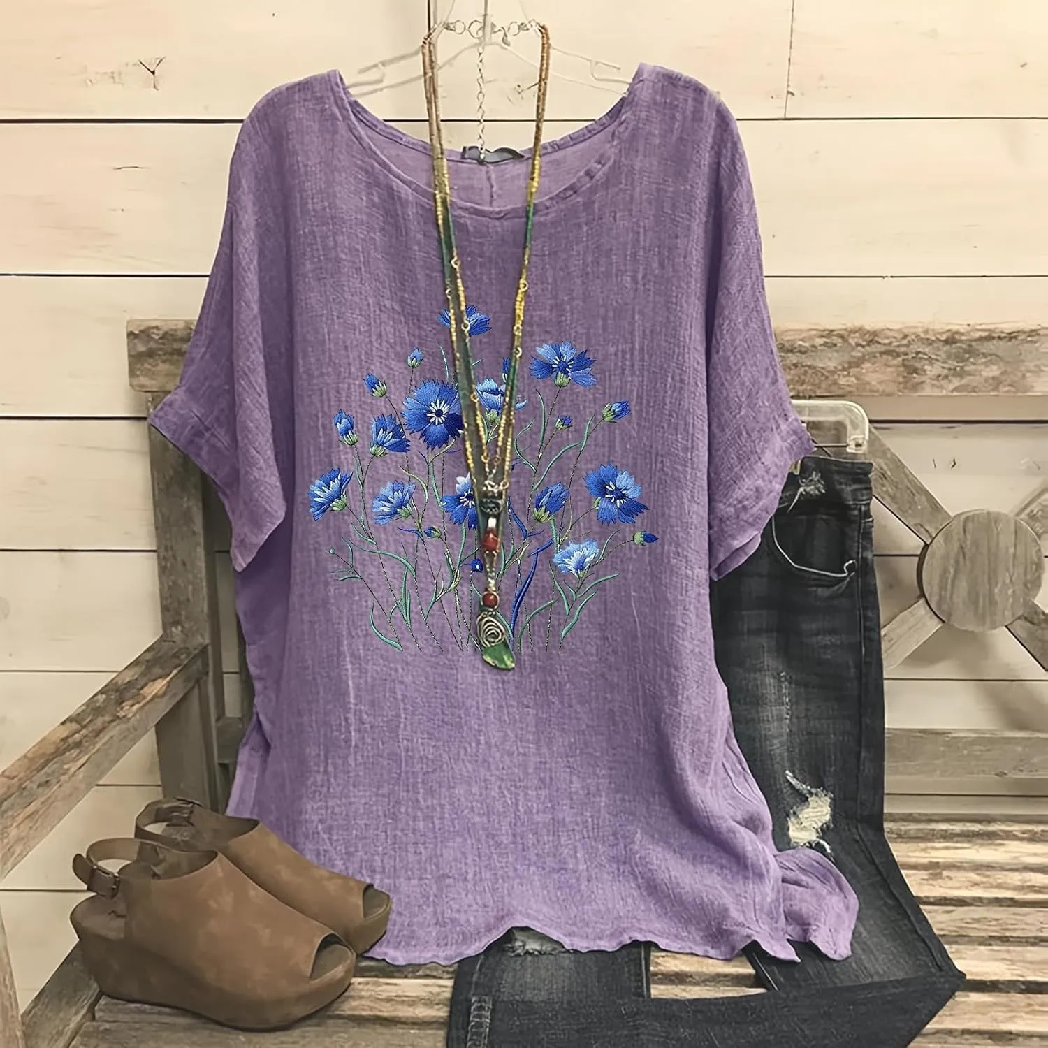 Women Summer Cotton Linen Short Sleeve Shirts Trendy Oversized Floral Print Tops Workout Going Out Casual Loose Tees