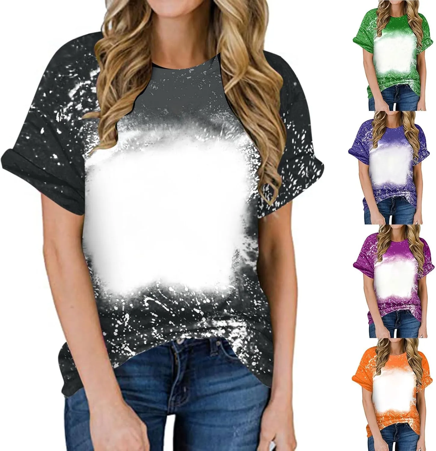 Womens Blank Bleached Shirts for Sublimation Casual Loose Short Sleeve Summer Tops Polyester Tshirt Sublimation Ready