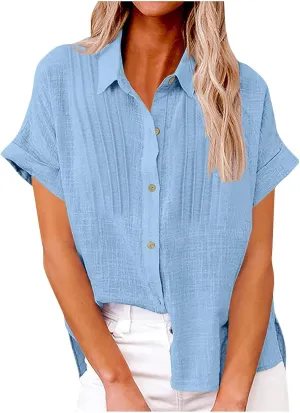 Women's Business Casual Blouses Trendy Pleated Lapel Button Down Shirts Summer Dress Cotton Linen Work Tee Tops 2025