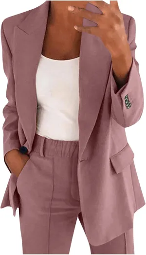Womens Business Two Piece Lapels Button Blazers Long Sleeve Open Front Jacket with Pocket Comfort Fitted Loose Cardigan