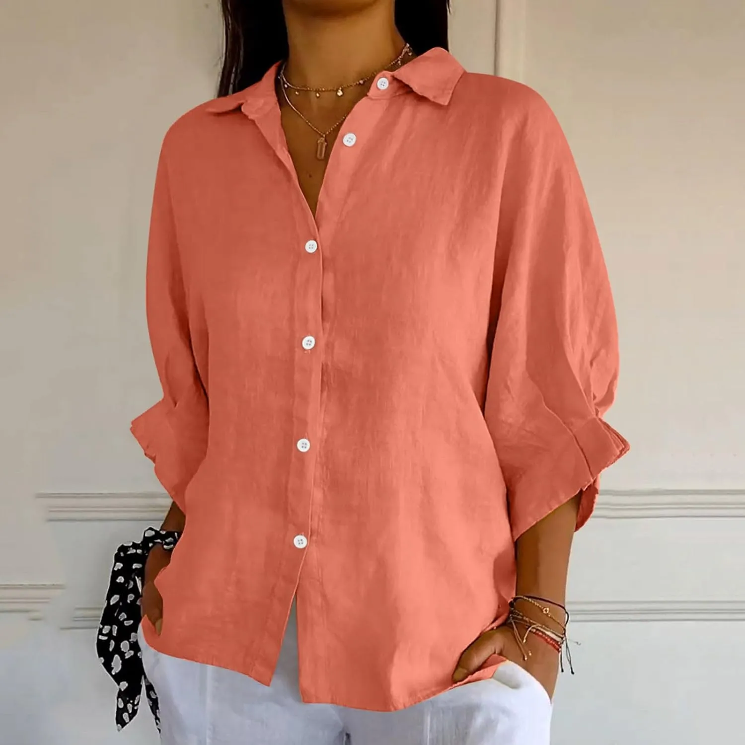 Womens Button Down Shirt Cotton Linen Lapel Tops Spring Summer Going Out Blouse 2025 Dressy Casual Loose Fit T Shirt