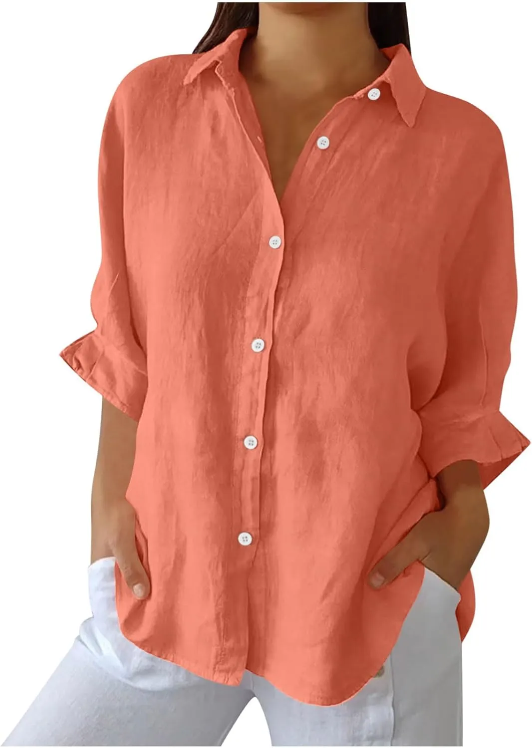 Womens Button Down Shirt Cotton Linen Lapel Tops Spring Summer Going Out Blouse 2025 Dressy Casual Loose Fit T Shirt
