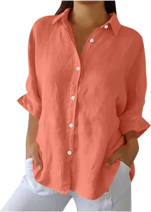 Womens Button Down Shirt Cotton Linen Lapel Tops Spring Summer Going Out Blouse 2025 Dressy Casual Loose Fit T Shirt