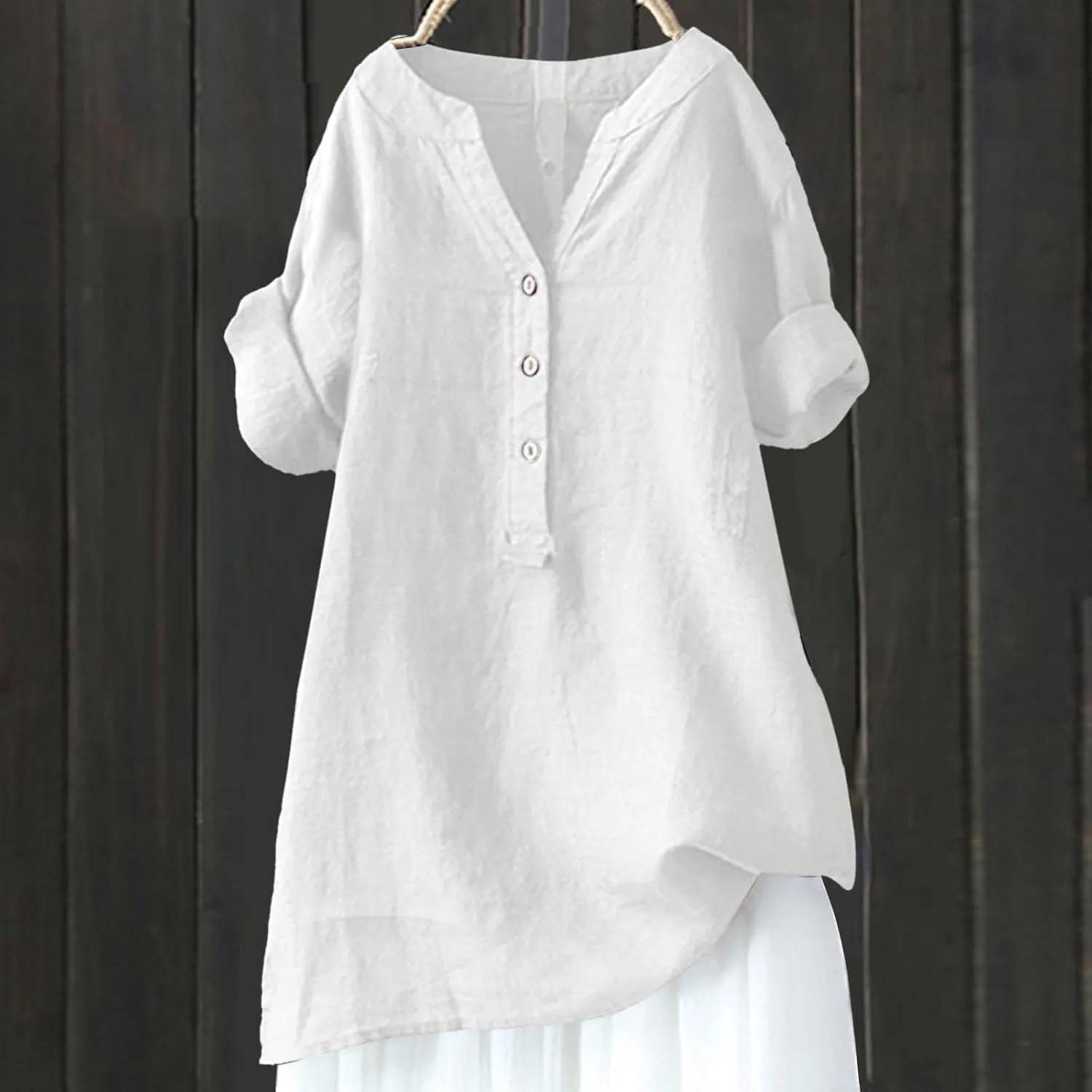 Womens Button Shirt Cotton and Linen 3/4 Sleeve V Neck Basic Shirt Casual Loose Business Blouses Tunics Top