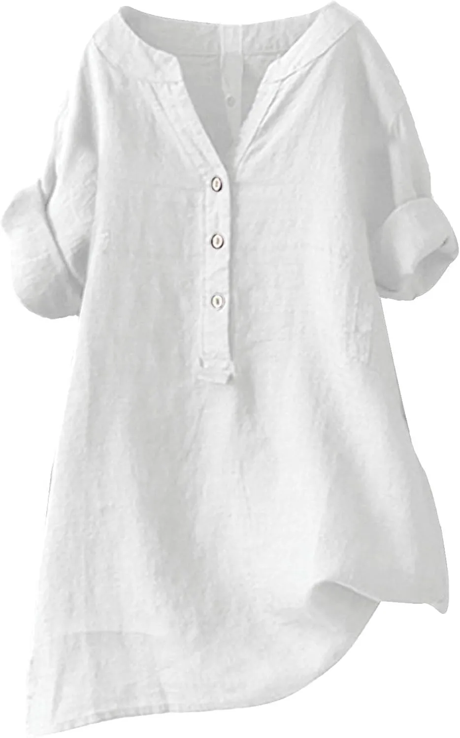 Womens Button Shirt Cotton and Linen 3/4 Sleeve V Neck Basic Shirt Casual Loose Business Blouses Tunics Top
