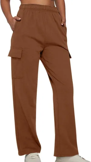 Women's Cargo Long Trousers Straight Leg Elastic High Waist Sprots Pants Solid Color Loose Running Yoga Pants with Pockets