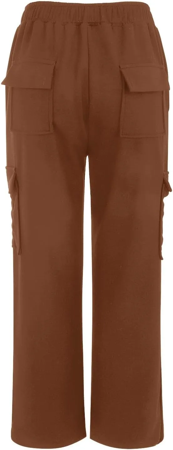 Women's Cargo Long Trousers Straight Leg Elastic High Waist Sprots Pants Solid Color Loose Running Yoga Pants with Pockets