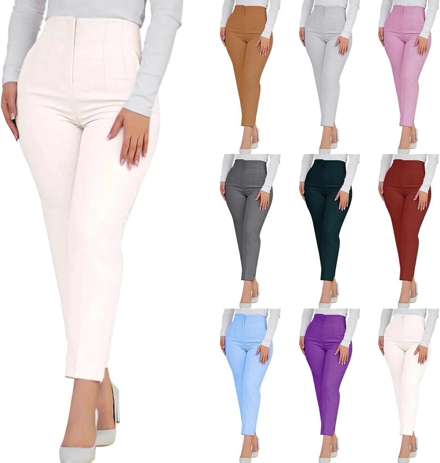 Womens Casual Stretchy High Waisted Dress Pants Solid Trendy Pleated Straight Leg Pull-On Business Work Trousers with Pockets