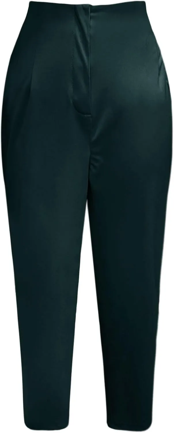 Womens Casual Stretchy High Waisted Dress Pants Solid Trendy Pleated Straight Leg Pull-On Business Work Trousers with Pockets