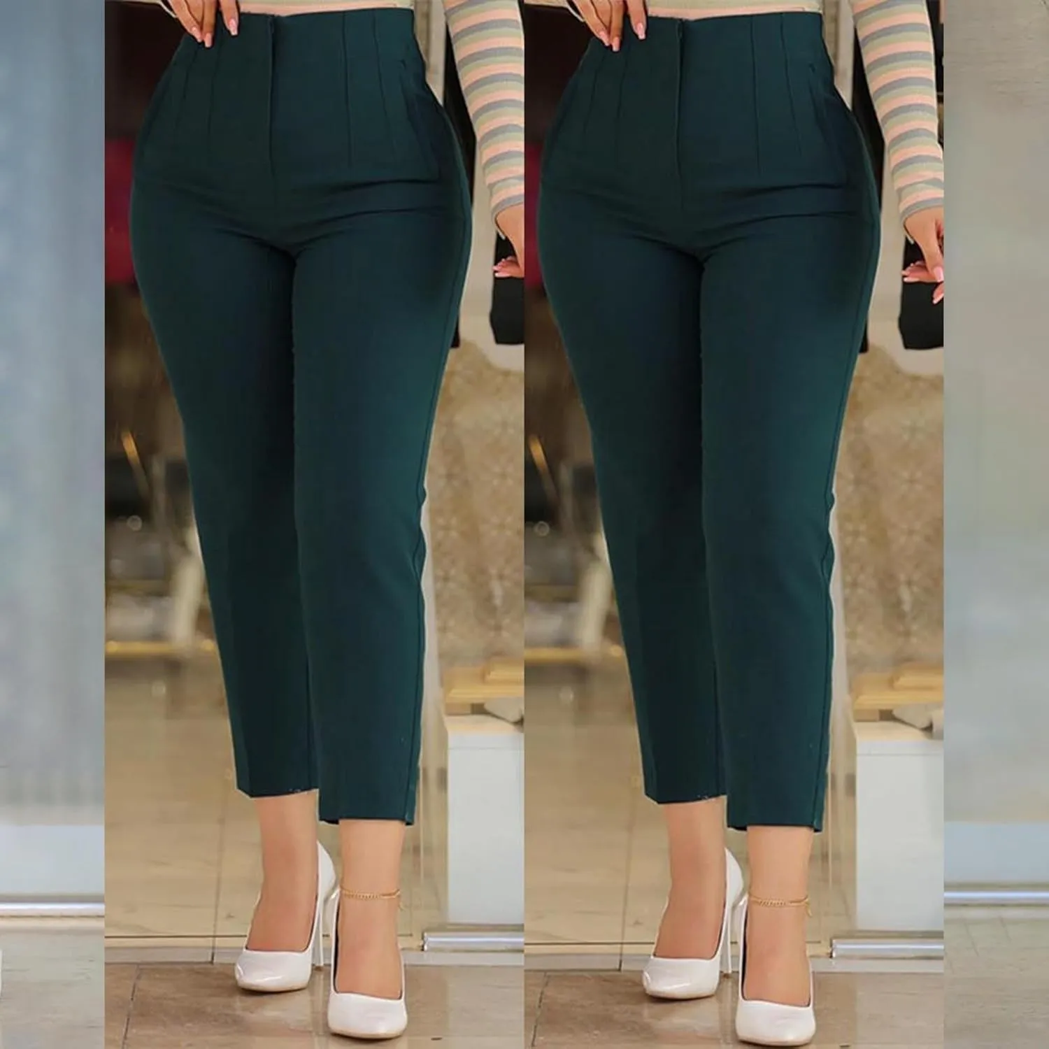 Womens Casual Stretchy High Waisted Dress Pants Solid Trendy Pleated Straight Leg Pull-On Business Work Trousers with Pockets