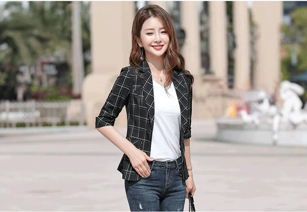 Women's Checked Blazer Single Breasted Button Notch Lapel CasualDaily Plaid Jacket