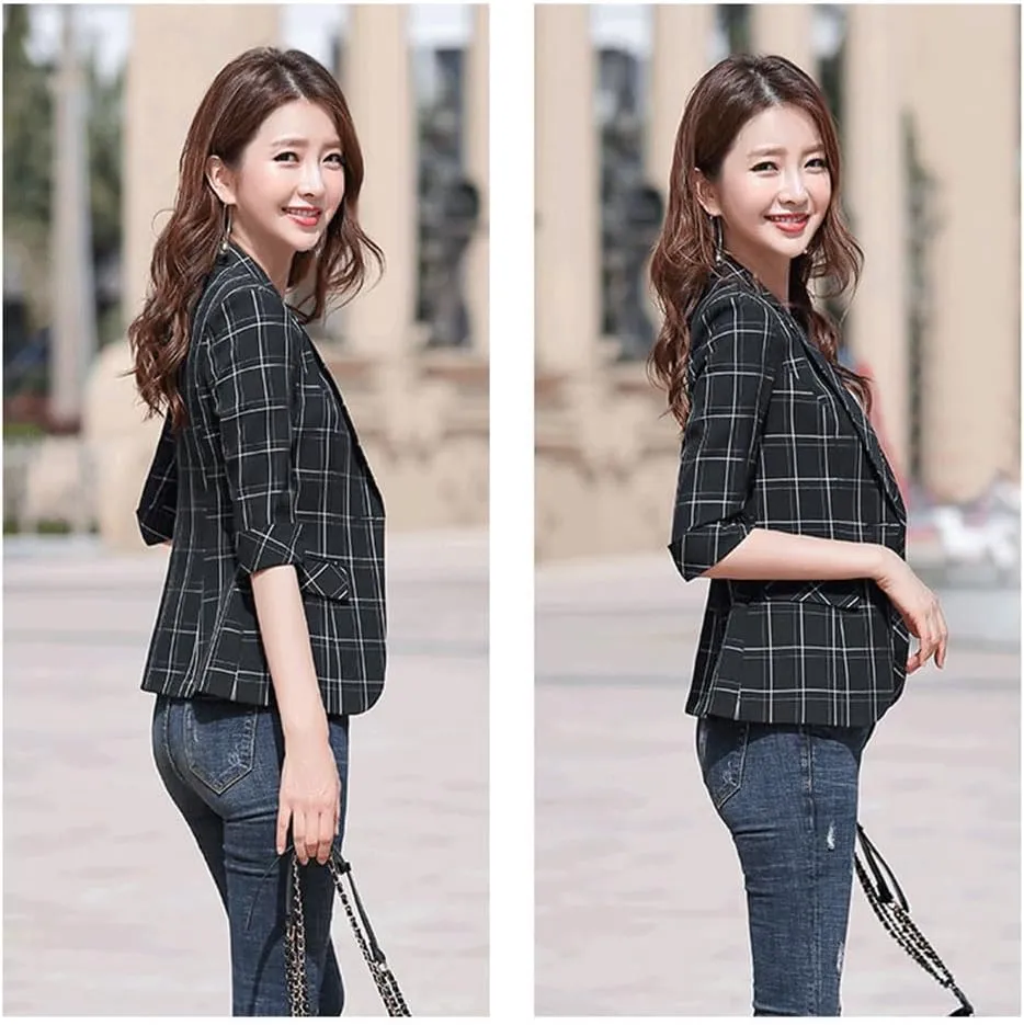 Women's Checked Blazer Single Breasted Button Notch Lapel CasualDaily Plaid Jacket